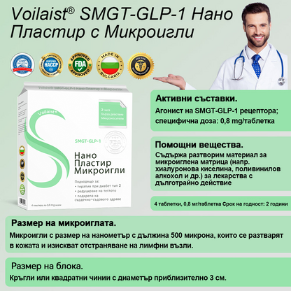Voilaist® SMGT-GLP-1 Нано Пластир с Микроигли – Безболезнено и дълготрайно решение за борба с наднорменото тегло, диабета и сърдечно-съдовите заболявания.